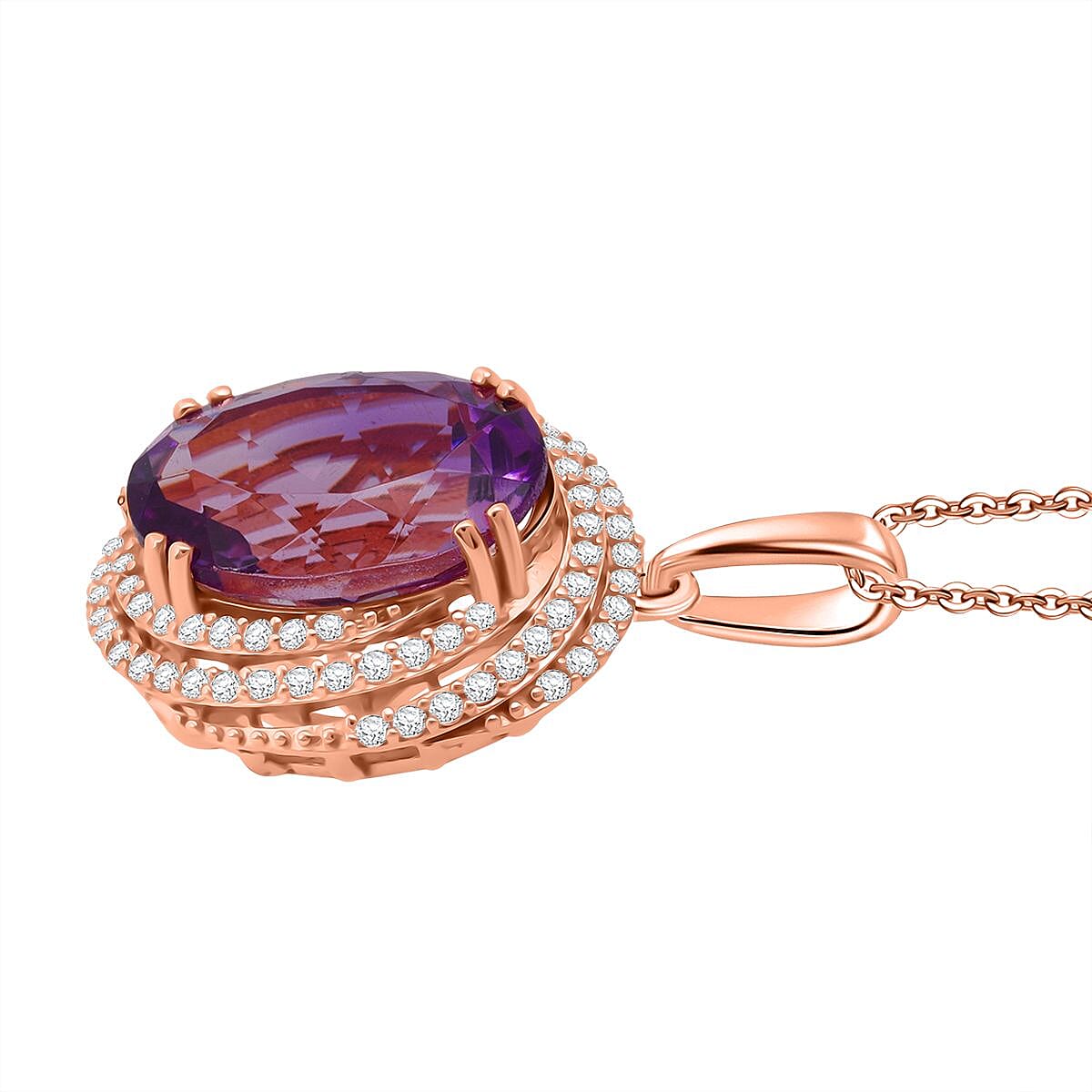 Rose De France Amethyst,  White Zircon Pendant with Chain (Size 20) in 18K RG Vermeil Sterling Silver 0.78 ct  6.280  Ct.