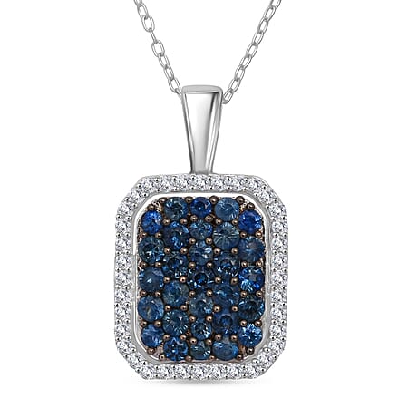 Blue Ceylon Sapphire, White Zircon Cluster Pendant with Chain (Size 20) in Rhodium Overlay Sterling Silver 1.42 Ct.