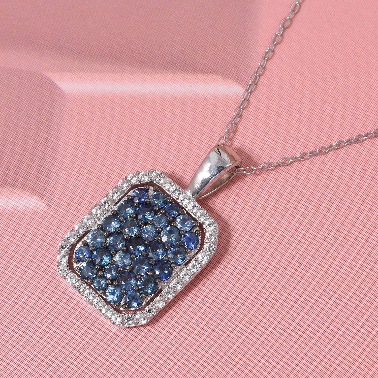 Blue Ceylon Sapphire & White Zircon Pendant with Chain (Size 20) in Rhodium Overlay Sterling Silver 1.42 Ct.