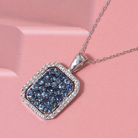 Blue Ceylon Sapphire & White Zircon Pendant with Chain (Size 20) in Rhodium Overlay Sterling Silver 1.42 Ct.