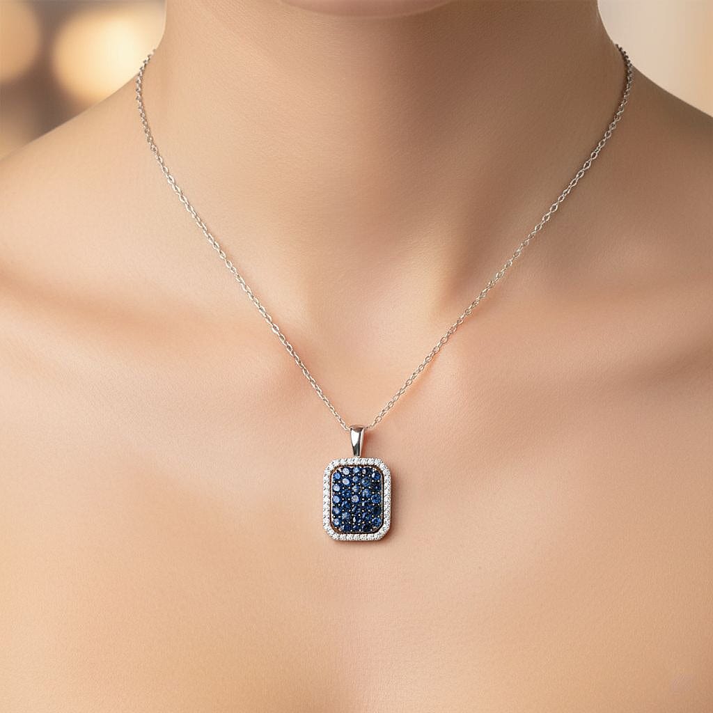 Blue Ceylon Sapphire & White Zircon Pendant with Chain (Size 20) in Rhodium Overlay Sterling Silver 1.42 Ct.