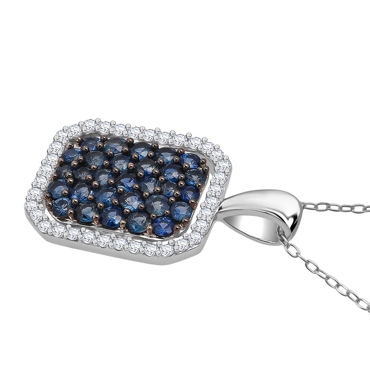 Blue Ceylon Sapphire & White Zircon Pendant with Chain (Size 20) in Rhodium Overlay Sterling Silver 1.42 Ct.