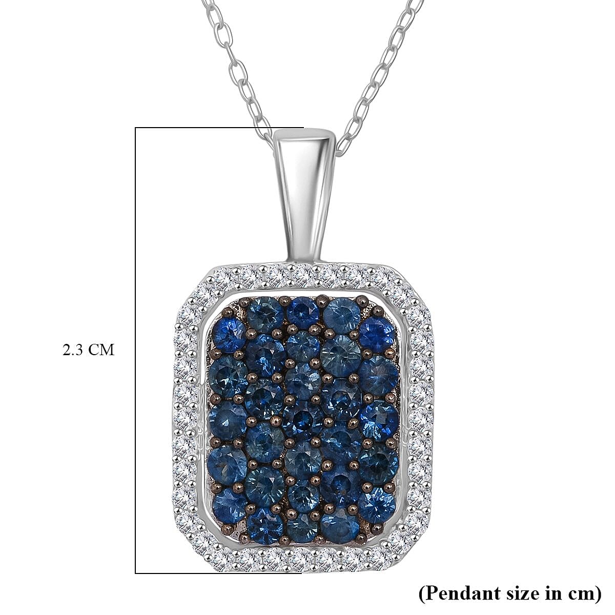 Blue Ceylon Sapphire & White Zircon Pendant with Chain (Size 20) in Rhodium Overlay Sterling Silver 1.42 Ct.