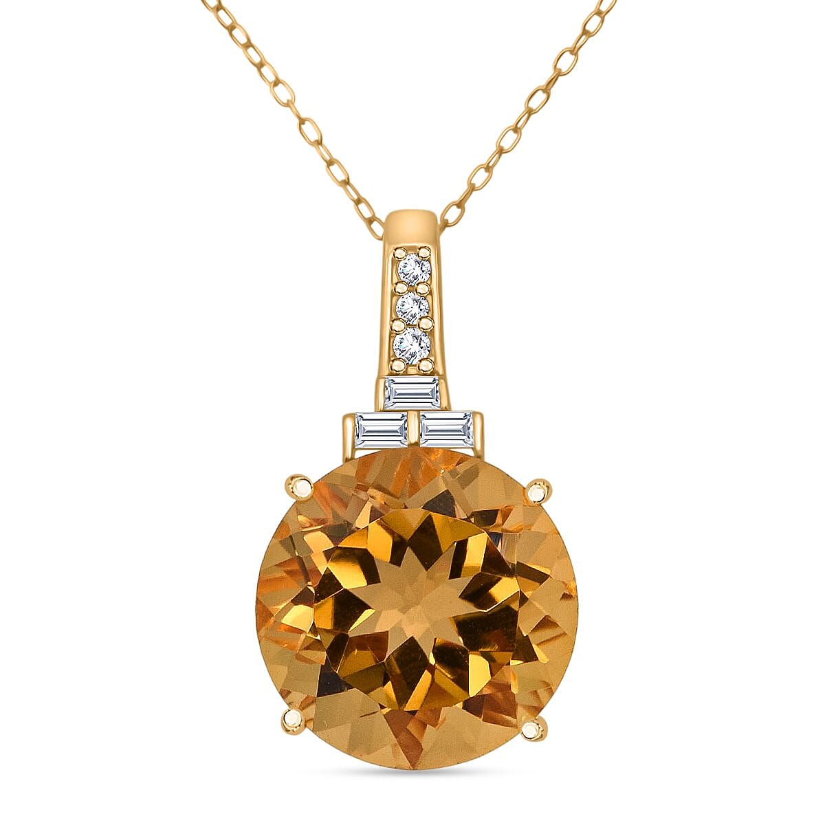 D'Joy Citrine & Moissanite Pendant with Chain (Size 20) with Lobster Clasp in 18K Vermeil Yellow Gold Plated & Rhodium Overlay Sterling Silver 10.22 Ct.