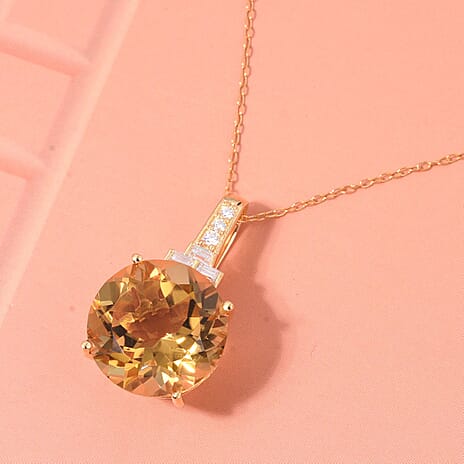 D'Joy Citrine & Moissanite Pendant with Chain (Size 20) with Lobster Clasp in 18K Vermeil Yellow Gold Plated & Rhodium Overlay Sterling Silver 10.22 Ct.