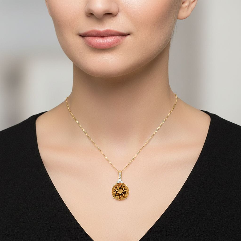 D'Joy Citrine & Moissanite Pendant with Chain (Size 20) with Lobster Clasp in 18K Vermeil Yellow Gold Plated & Rhodium Overlay Sterling Silver 10.22 Ct.