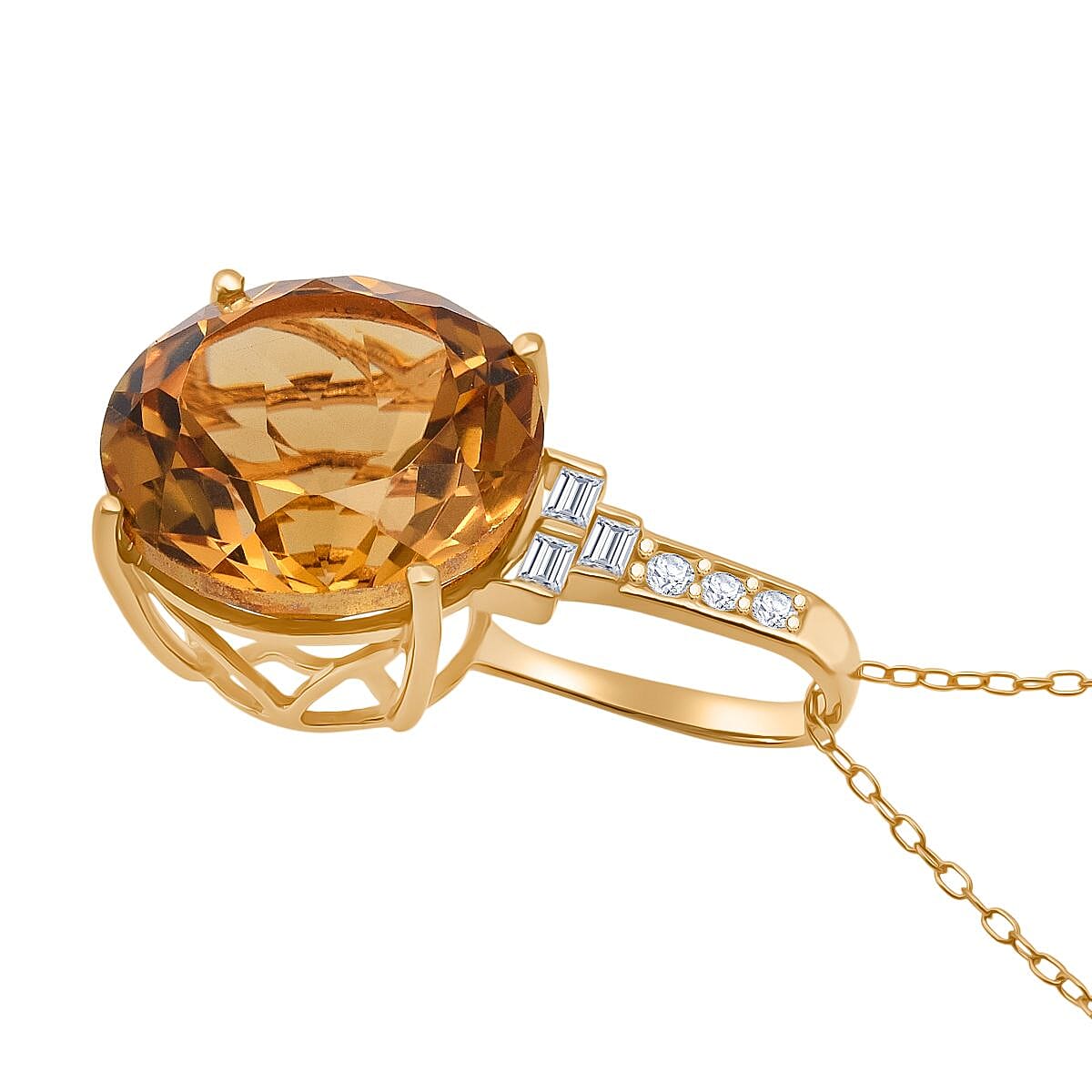 D'Joy Citrine & Moissanite Pendant with Chain (Size 20) with Lobster Clasp in 18K Vermeil Yellow Gold Plated & Rhodium Overlay Sterling Silver 10.22 Ct.