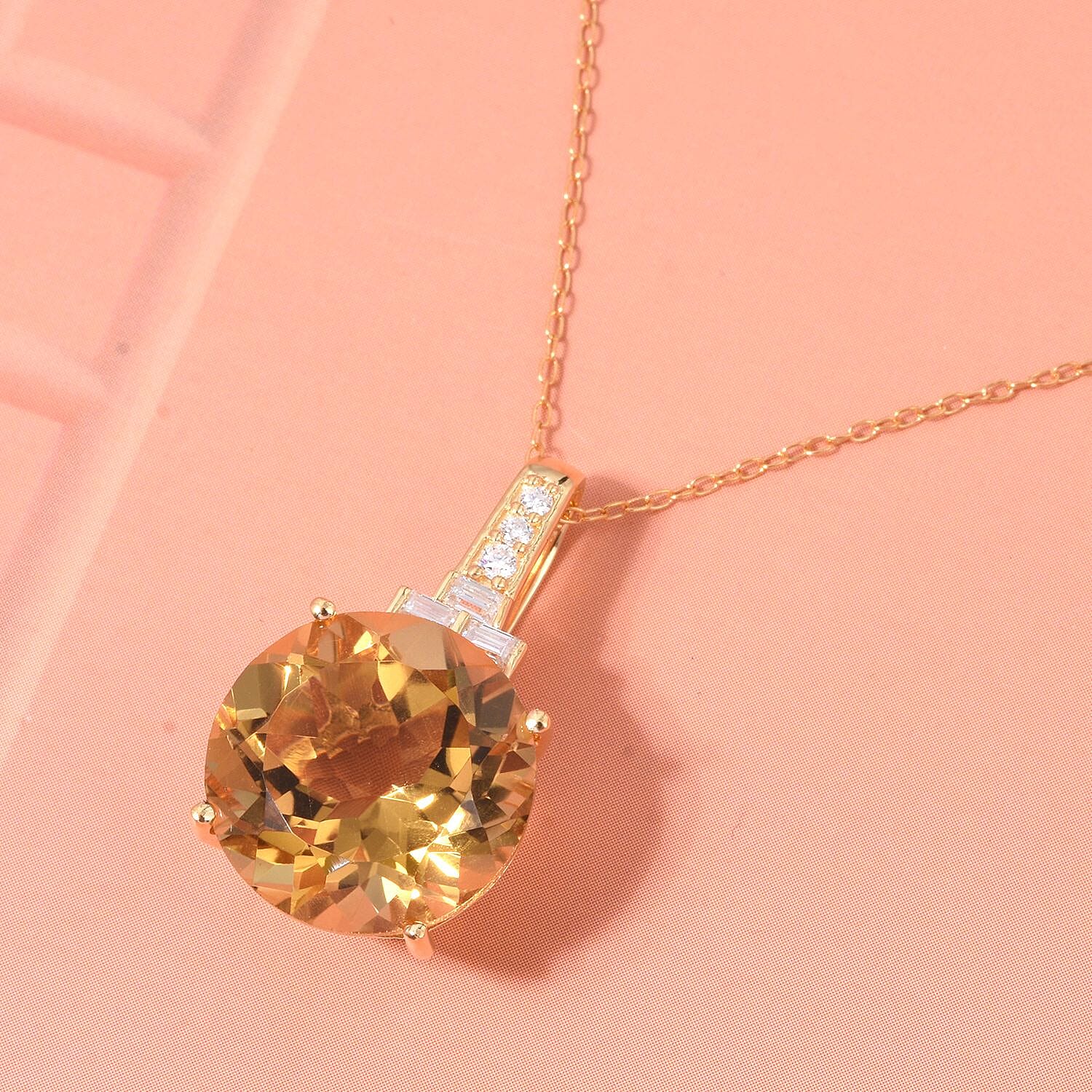 D'Joy Citrine & Moissanite Pendant with Chain (Size 20) with Lobster Clasp in 18K Vermeil Yellow Gold Plated & Rhodium Overlay Sterling Silver 10.22 Ct.