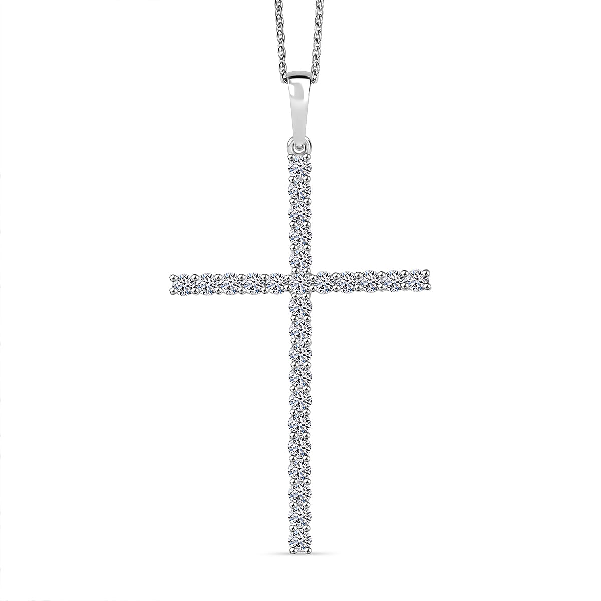 Luxuriant Lab Grown Diamond (SI-GH) Cross Pendant with Chain (Size 20) in Rhodium Overlay Sterling Silver 1.50 Ct.