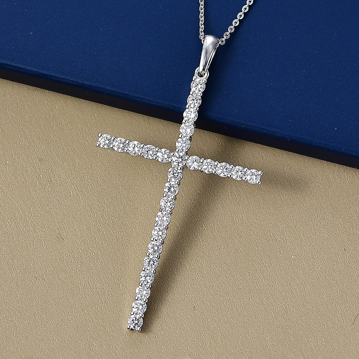 Luxuriant Lab Grown Diamond (SI-GH) Cross Pendant with Chain (Size 20) in Rhodium Overlay Sterling Silver 1.50 Ct.