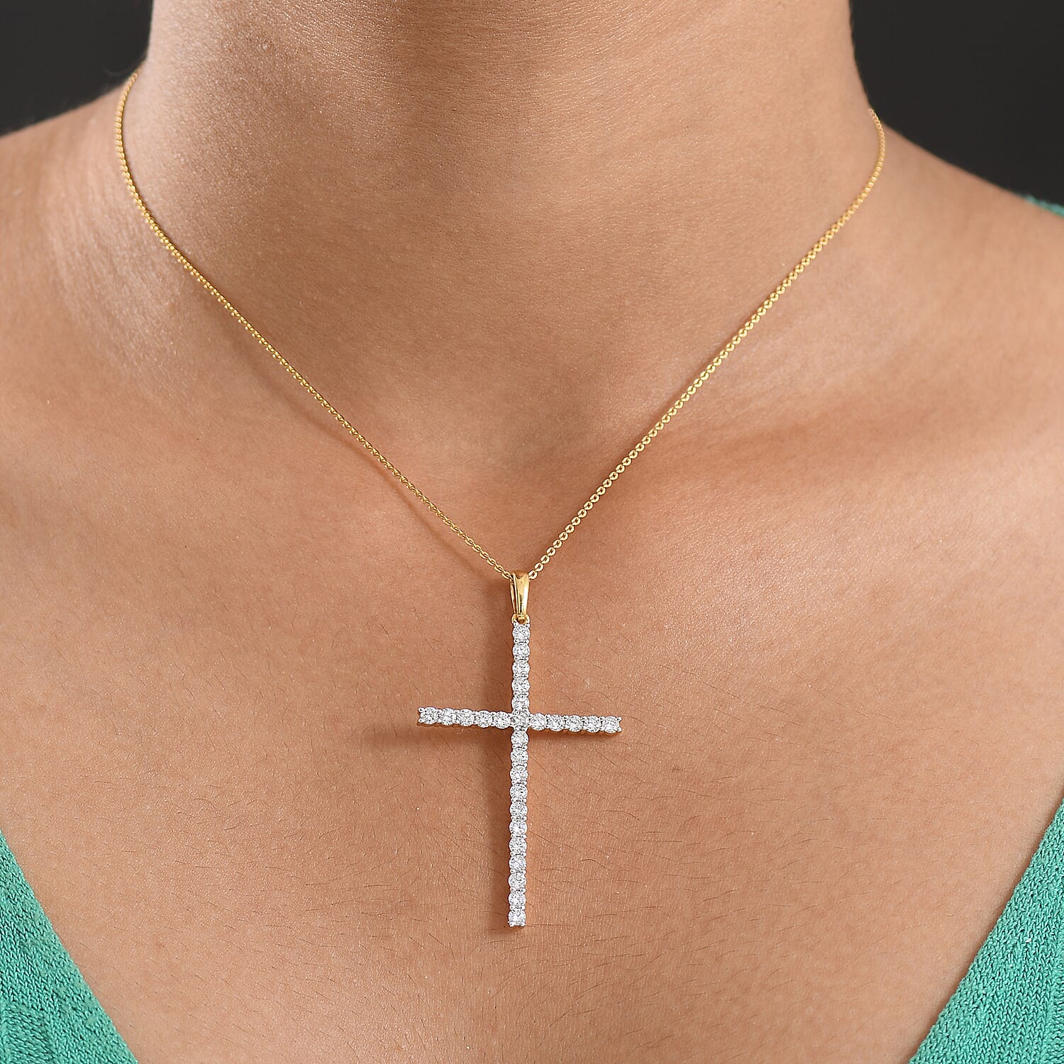 Luxuriant Lab Grown Diamond (SI-GH) Cross Pendant with Chain (Size 20) in 18K Vermeil Yellow Gold Plated Sterling Silver 1.50 Ct.