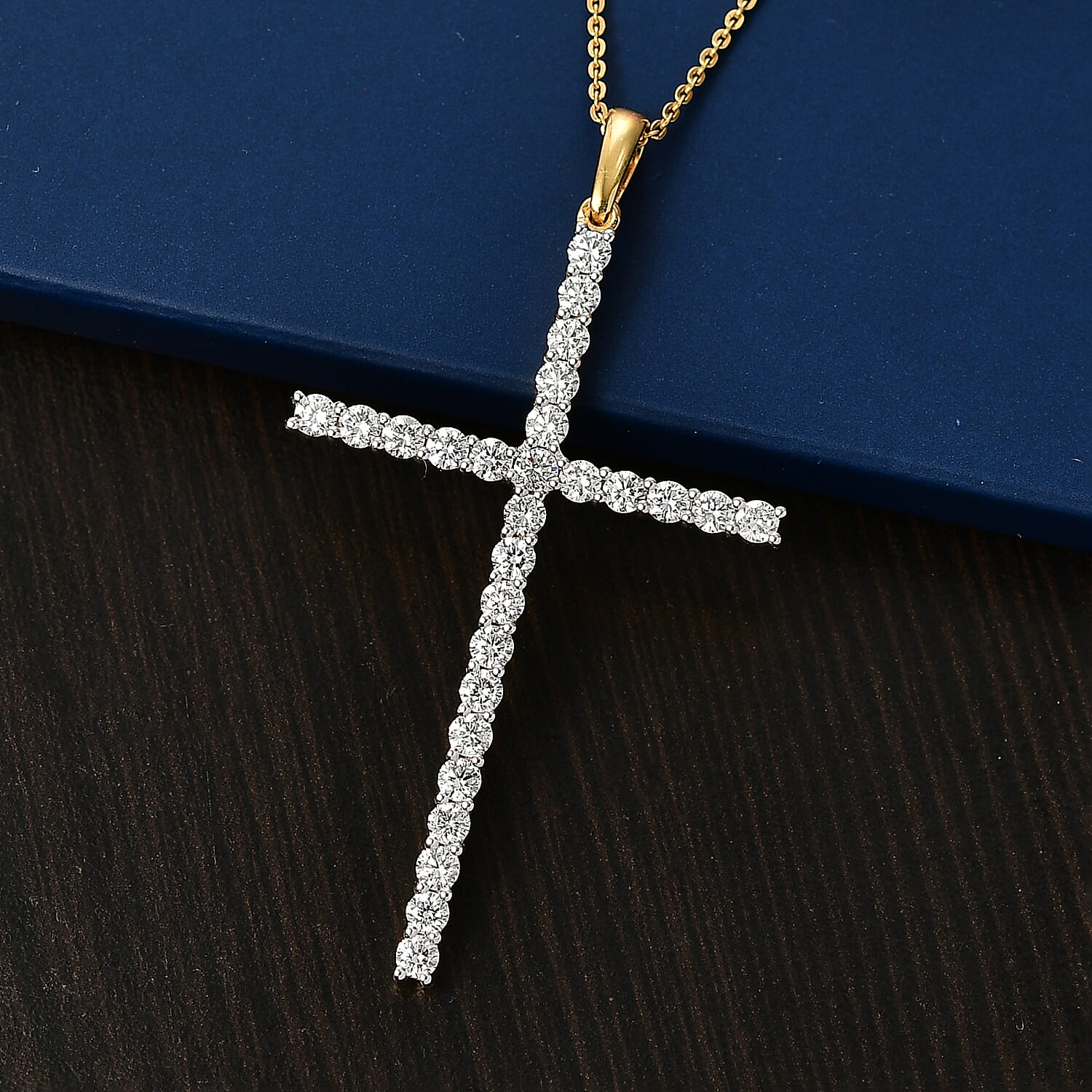 Luxuriant Lab Grown Diamond (SI-GH) Cross Pendant with Chain (Size 20) in 18K Vermeil Yellow Gold Plated Sterling Silver 1.50 Ct.