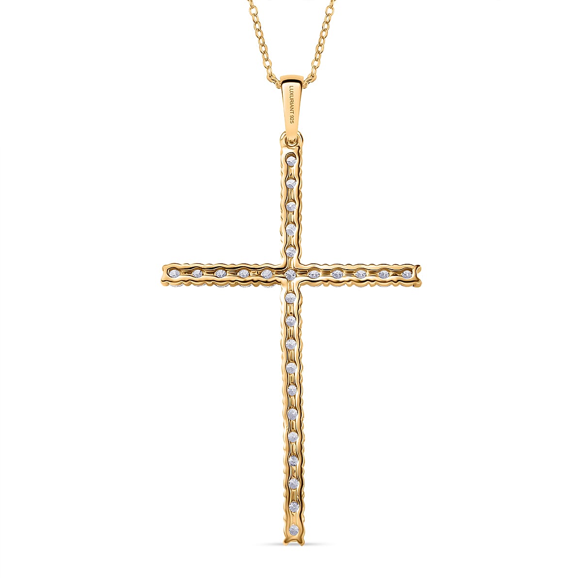 Luxuriant Lab Grown Diamond (SI-GH) Cross Pendant with Chain (Size 20) in 18K Vermeil Yellow Gold Plated Sterling Silver 1.50 Ct.