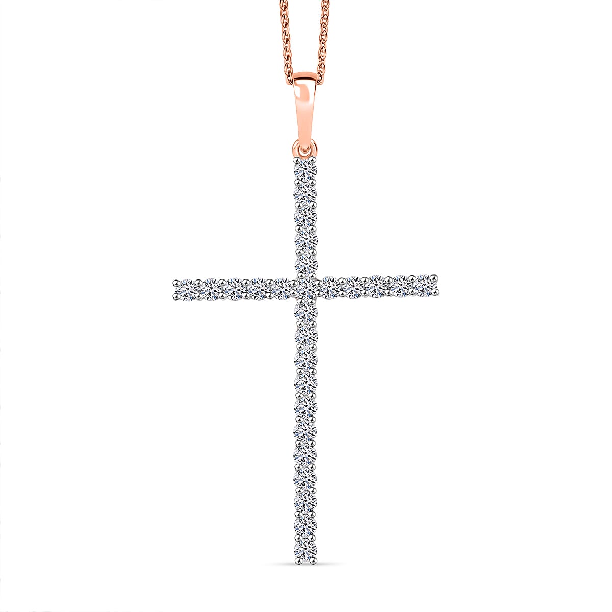 Luxuriant Lab Grown Diamond (SI-GH) Cross Pendant with Chain (Size 20) in 18K Vermeil Rose Gold Plated Sterling Silver 1.50 Ct.