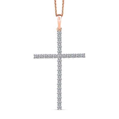 Luxuriant Lab Grown Diamond (SI-GH) Cross Pendant with Chain (Size 20) in 18K Vermeil Rose Gold Plated Sterling Silver 1.50 Ct.