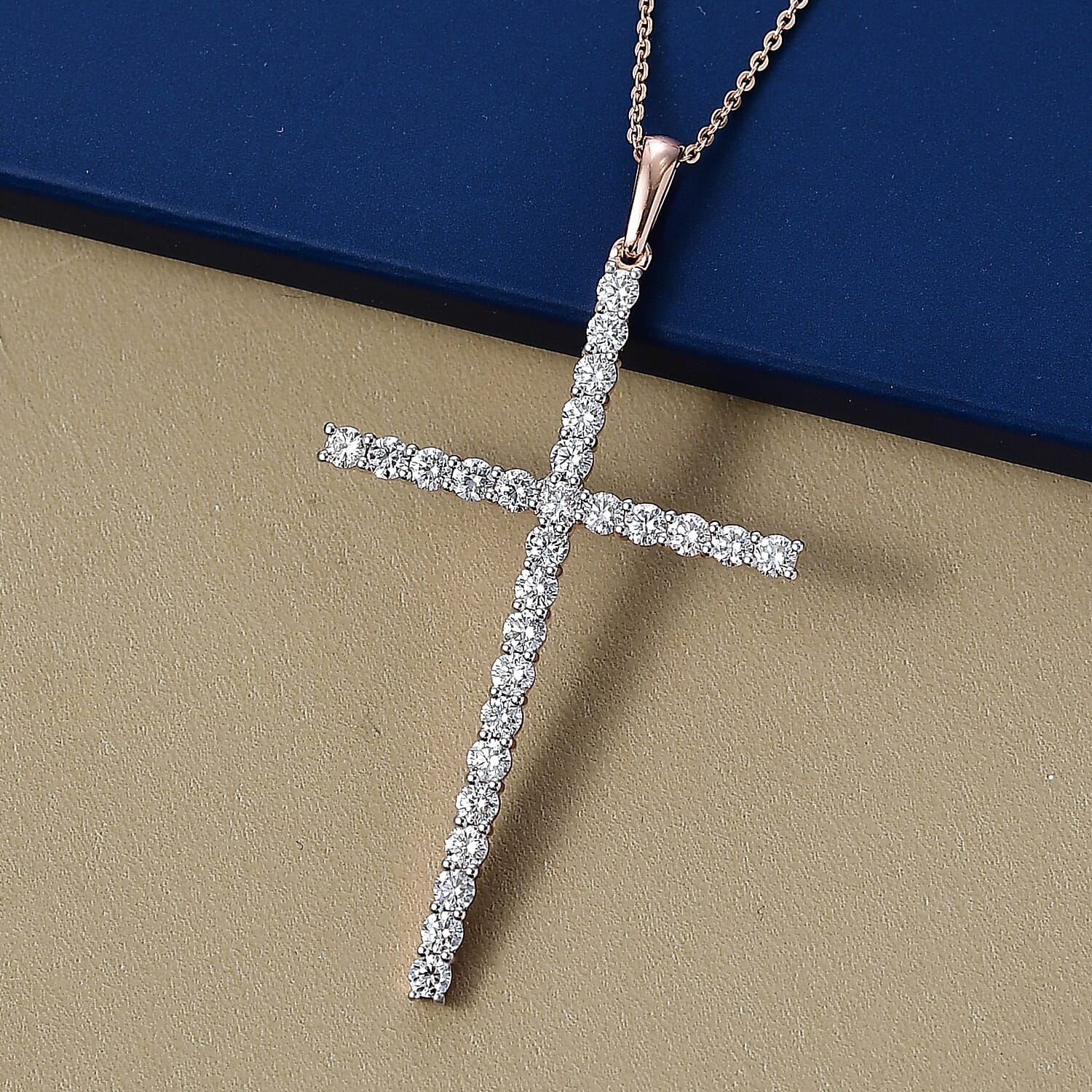 Luxuriant Lab Grown Diamond (SI-GH) Cross Pendant with Chain (Size 20) in 18K Vermeil Rose Gold Plated Sterling Silver 1.50 Ct.