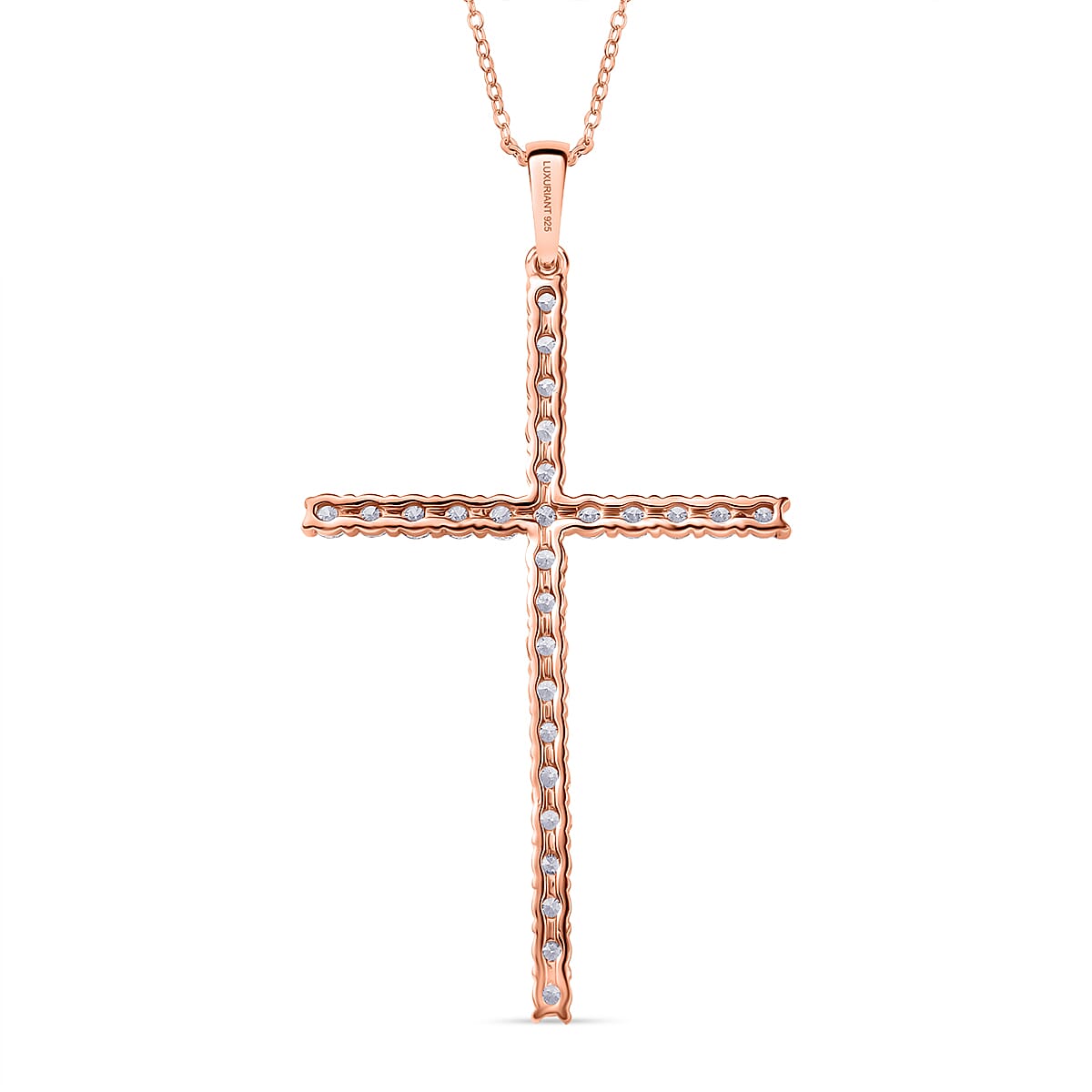 Luxuriant Lab Grown Diamond (SI-GH) Cross Pendant with Chain (Size 20) in 18K Vermeil Rose Gold Plated Sterling Silver 1.50 Ct.