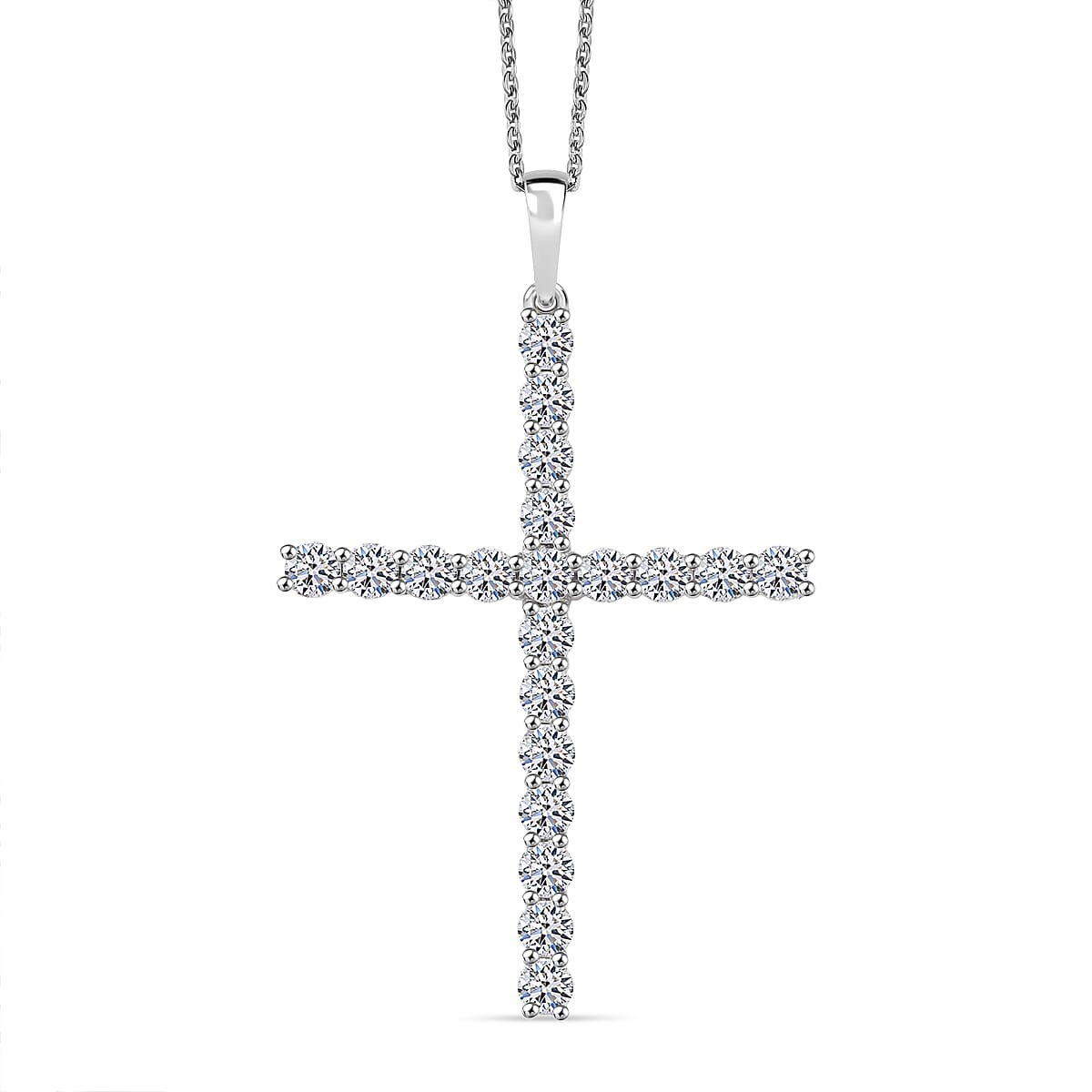 Luxuriant Lab Grown Diamond (SI-GH) Cross Pendant with Chain (Size 20) in Rhodium Overlay Sterling Silver 2.00 Ct.