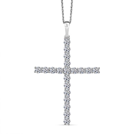 LUXURIANT 2 Ct. Lab Grown Diamond Cross Pendant with Torn Chain 19DC (Size 20) in Rhodium Overlay Sterling Silver (SI-GH)