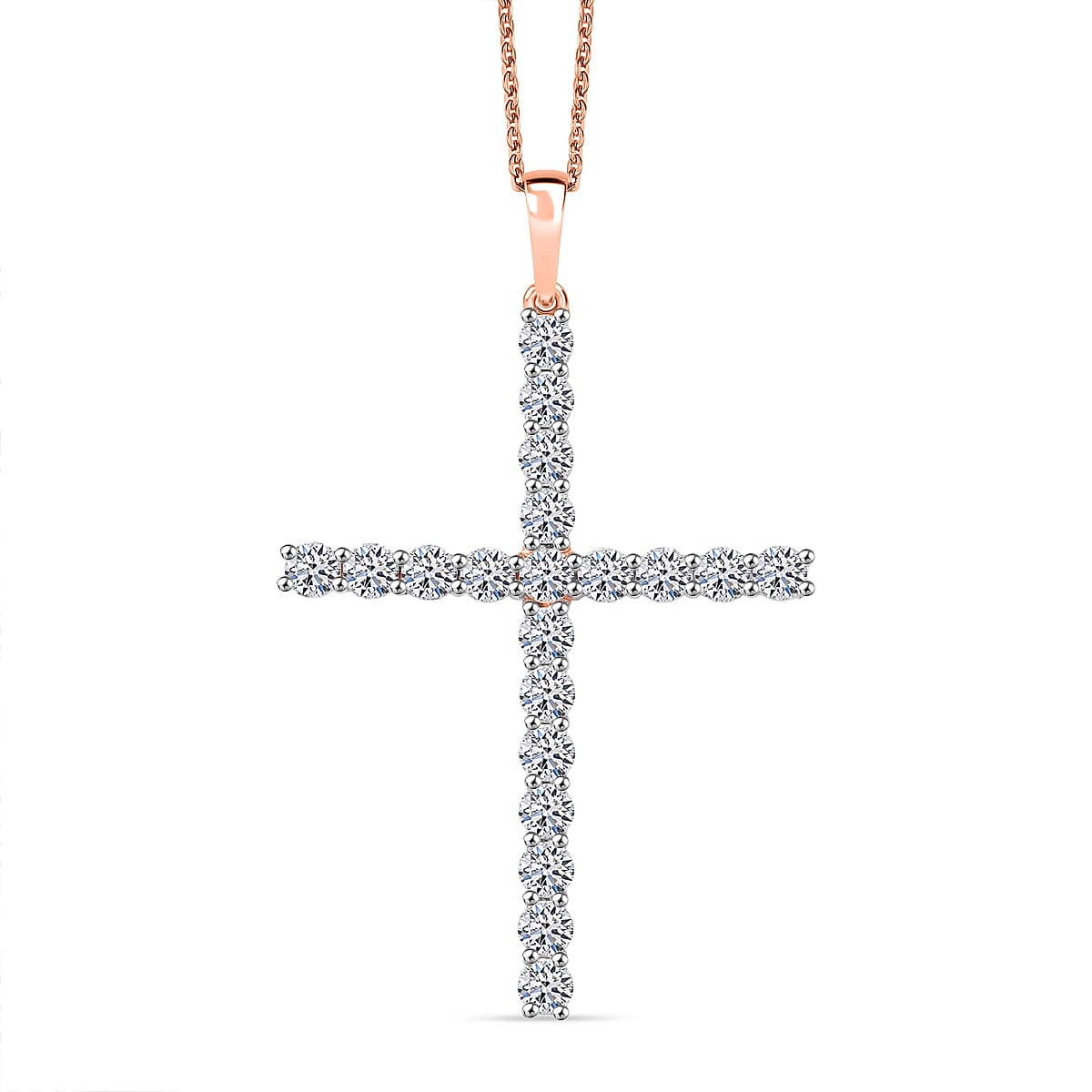 Luxuriant Lab Grown Diamond (SI-GH) Cross Pendant with Chain (Size 20) in 18K Vermeil Rose Gold Plated Sterling Silver 2.00 Ct.