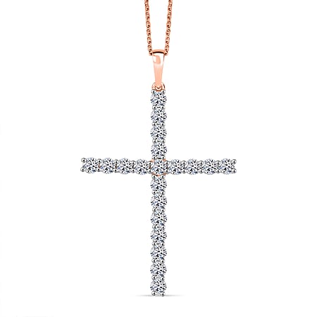 LUXURIANT 2 Ct. Lab Grown Diamond Cross Pendant with Torn Chain 19DC (Size 20) in 18K Vermeil Rose Gold Over Sterling Silver (SI-GH)