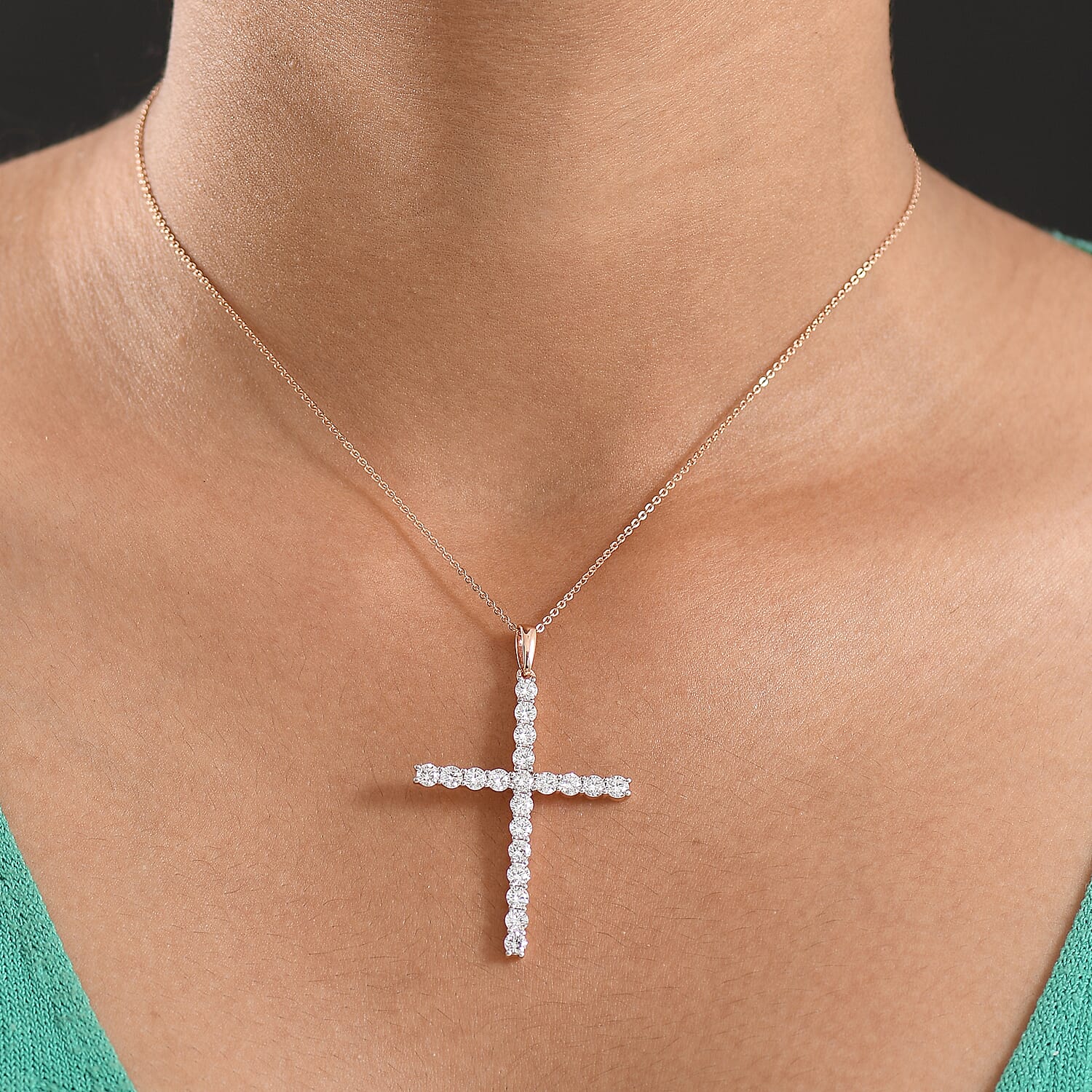 Luxuriant Lab Grown Diamond (SI-GH) Cross Pendant with Chain (Size 20) in 18K Vermeil Rose Gold Plated Sterling Silver 2.00 Ct.