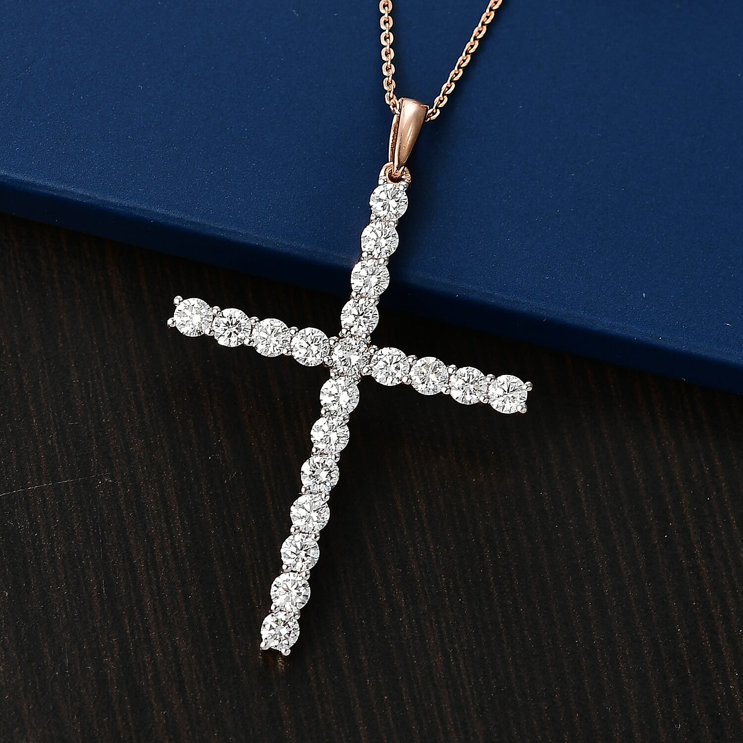 Luxuriant Lab Grown Diamond (SI-GH) Cross Pendant with Chain (Size 20) in 18K Vermeil Rose Gold Plated Sterling Silver 2.00 Ct.