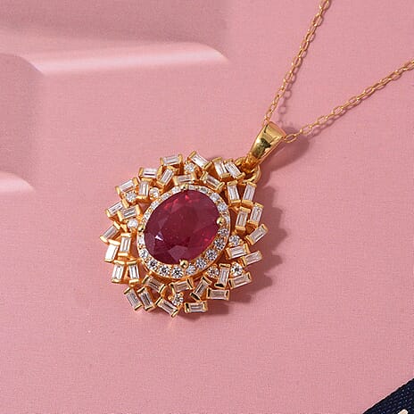 Fissure Filled Ruby,  Moissanite Pendant with Chain (Size 20) in 18K YG Vermeil Sterling Silver 0.80 ct  3.200  Ct.