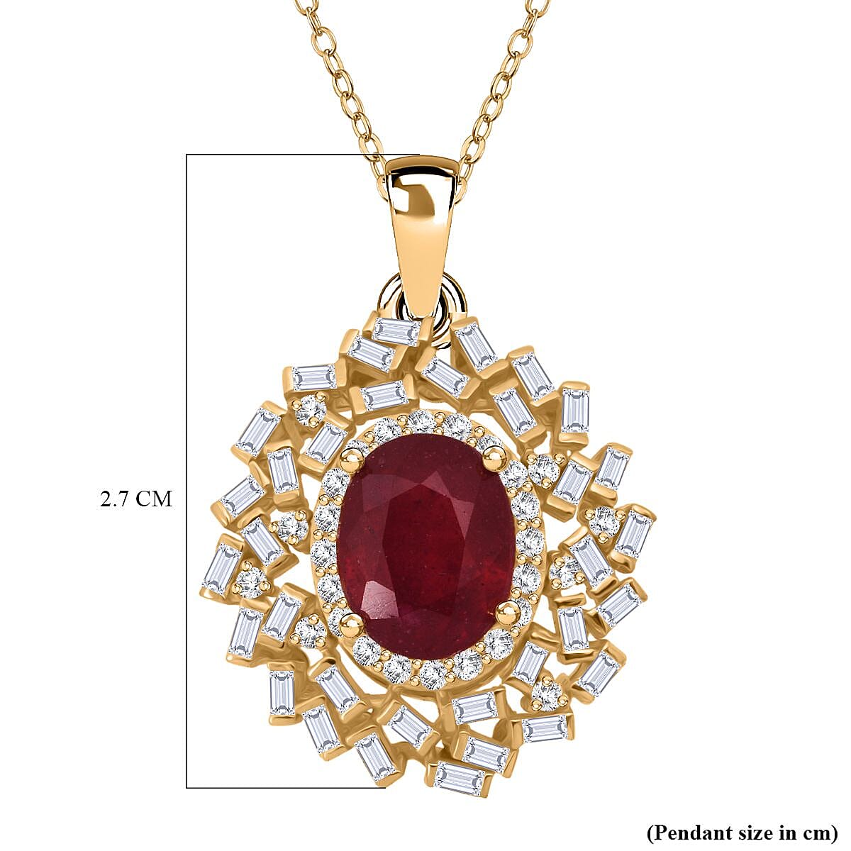 Fissure Filled Ruby,  Moissanite Pendant with Chain (Size 20) in 18K YG Vermeil Sterling Silver 0.80 ct  3.200  Ct.