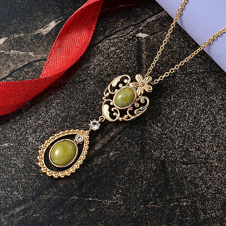 EverTrue Connemara Marble & White Topaz Pendant with Chain (Size 20) in Yellow Gold Plated 4.32 Ct.