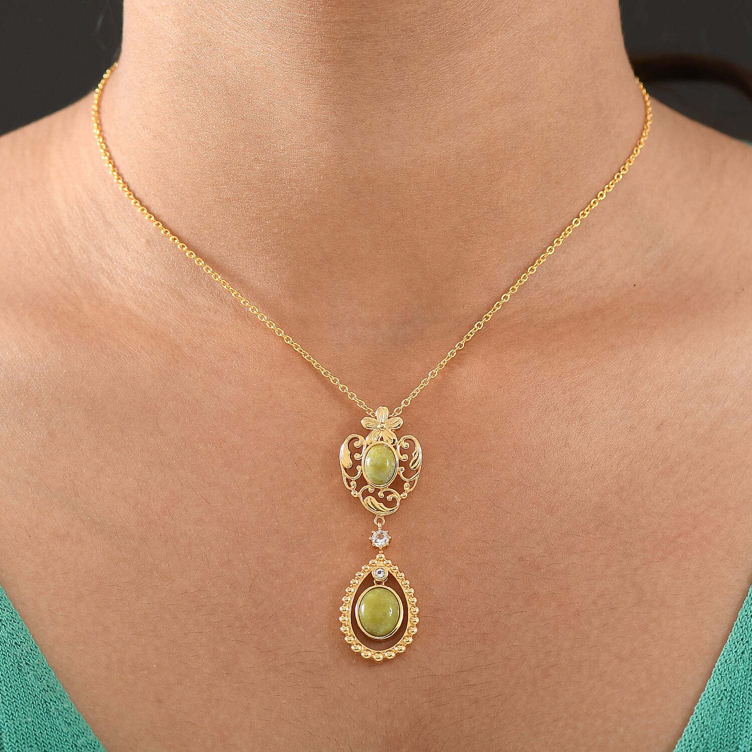 EverTrue Connemara Marble & White Topaz Pendant with Chain (Size 20) in Yellow Gold Plated 4.32 Ct.