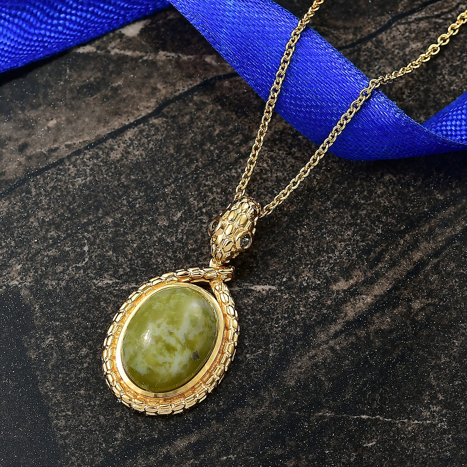 EverTrue Connemara Marble & Green Sapphire Pendant with Chain (Size - 20) in Yellow Gold Tone 9.79 Ct.