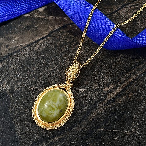 EverTrue Connemara Marble & Green Sapphire Pendant with Chain (Size - 20) in Yellow Gold Tone 9.79 Ct.