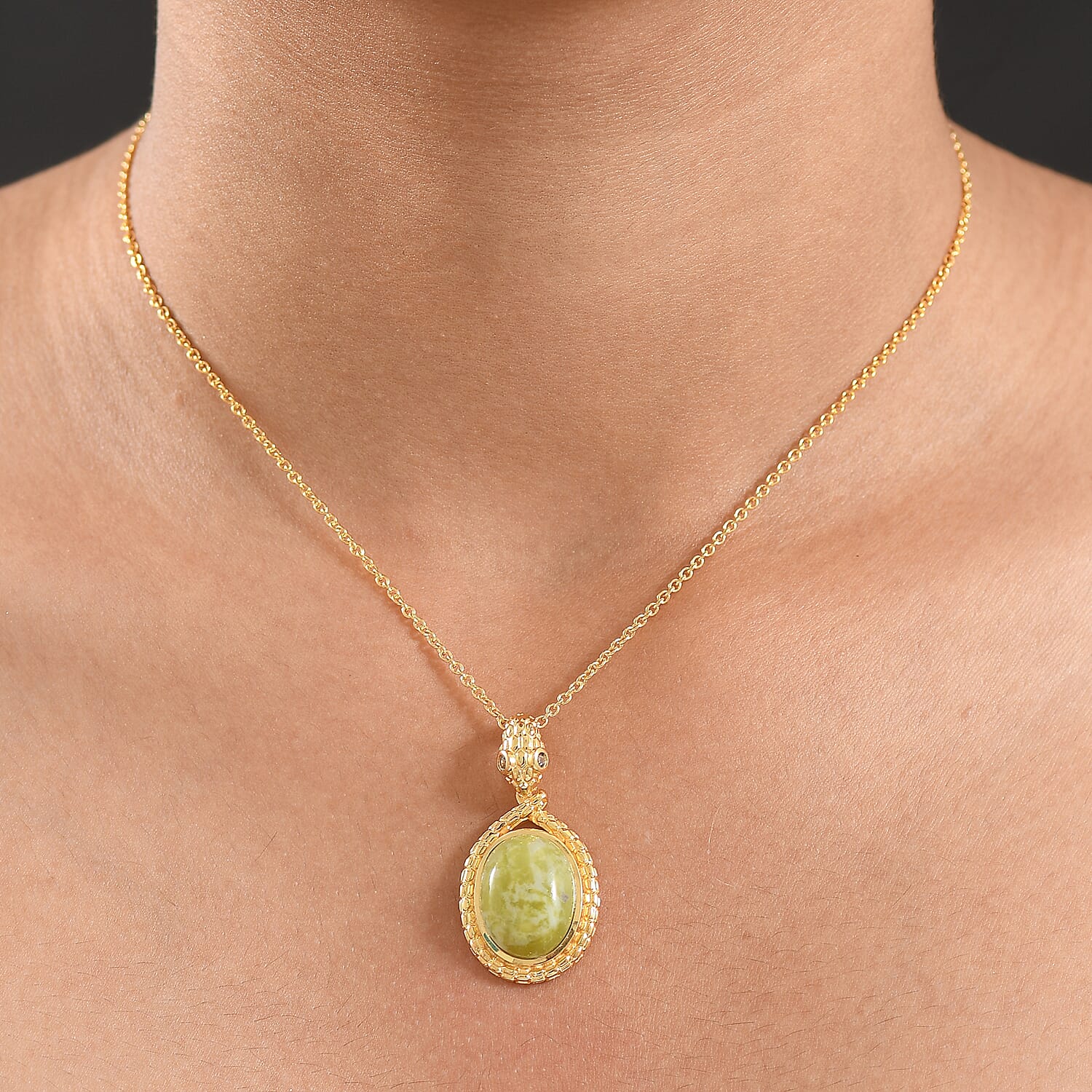 EverTrue Connemara Marble & Green Sapphire Pendant with Chain (Size - 20) in Yellow Gold Tone 9.79 Ct.