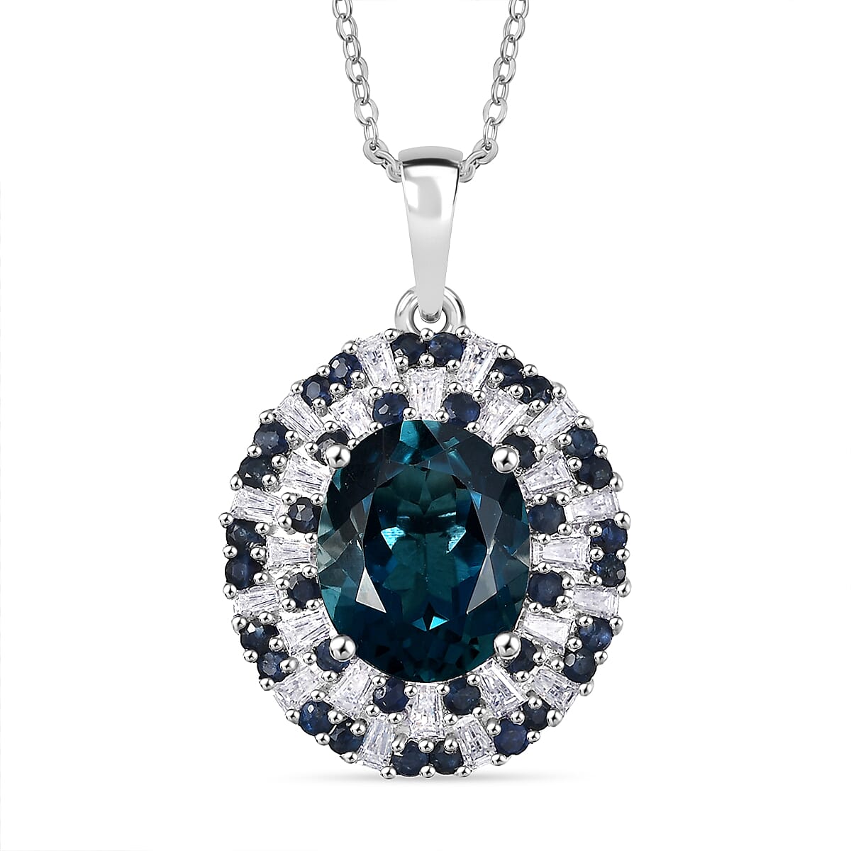 D'Joy London Blue Topaz, Moissanite & Blue Sapphire Pendant with Chain (Size 20) in Rhodium Overlay Sterling Silver 5.71 Ct.