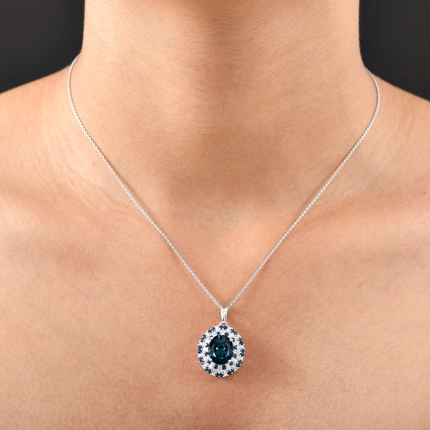 D'Joy London Blue Topaz, Moissanite & Blue Sapphire Pendant with Chain (Size 20) in Rhodium Overlay Sterling Silver 5.71 Ct.