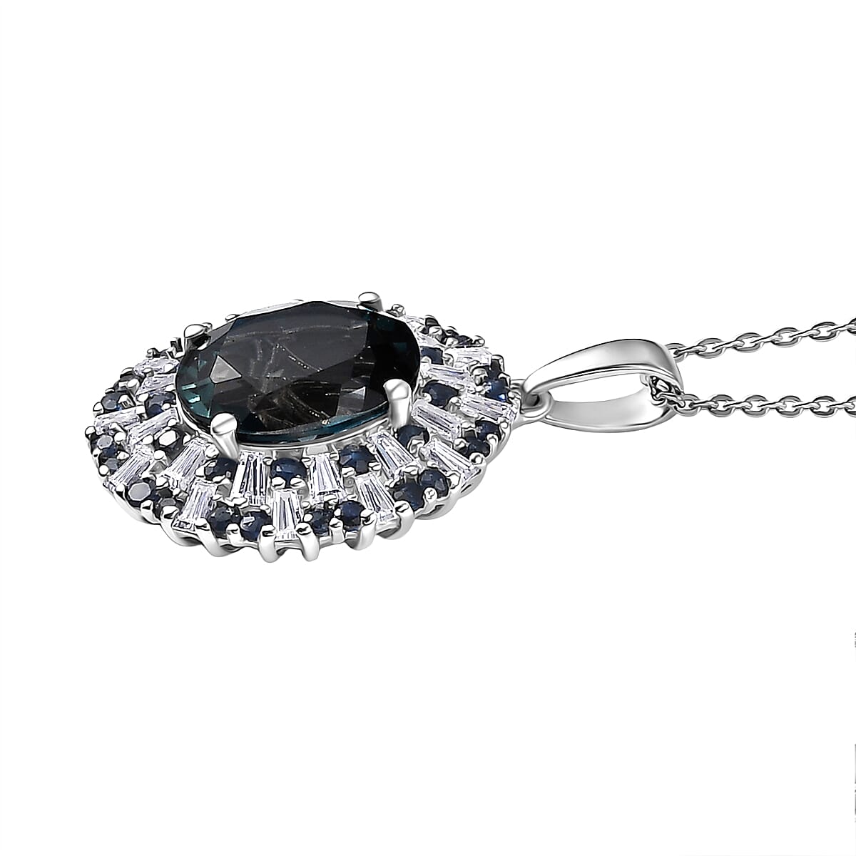 D'Joy London Blue Topaz, Moissanite & Blue Sapphire Pendant with Chain (Size 20) in Rhodium Overlay Sterling Silver 5.71 Ct.