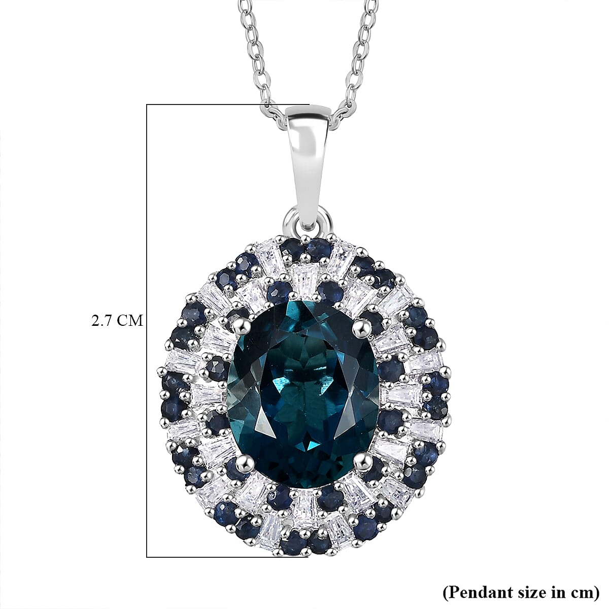 D'Joy London Blue Topaz, Moissanite & Blue Sapphire Pendant with Chain (Size 20) in Rhodium Overlay Sterling Silver 5.71 Ct.