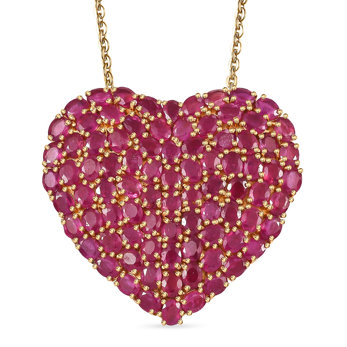 D'Joy African Ruby Heart Pendant with Chain (Size 20) in 18K Vermeil Yellow Gold Plated Sterling Silver 22.62 Ct, Silver Wt. 11.01 Gms.