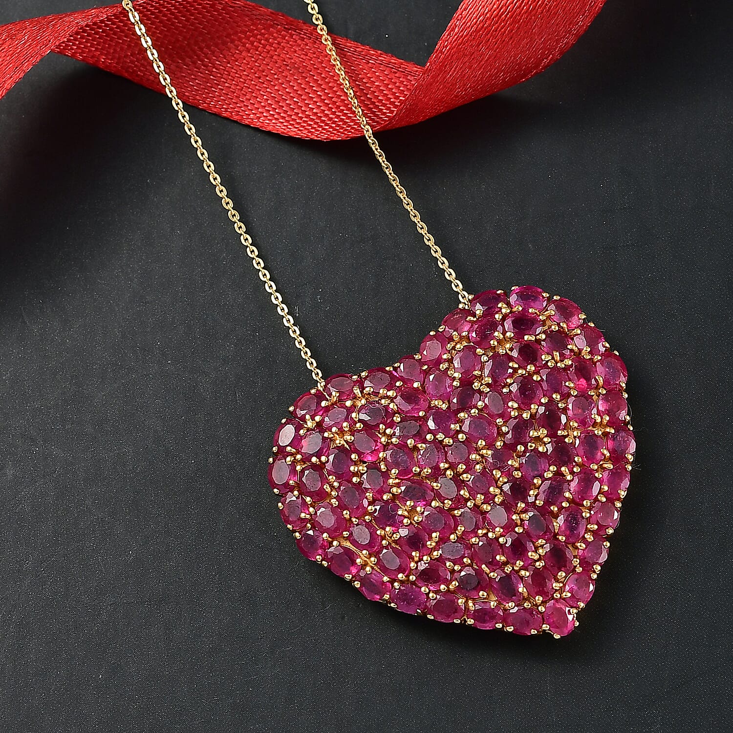 D'Joy African Ruby Heart Pendant with Chain (Size 20) in 18K Vermeil Yellow Gold Plated Sterling Silver 22.62 Ct, Silver Wt. 11.01 Gms.