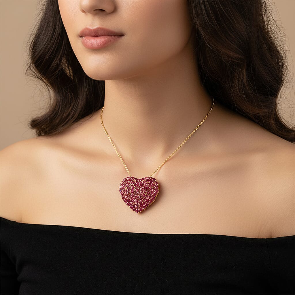 D'Joy African Ruby Heart Pendant with Chain (Size 20) in 18K Vermeil Yellow Gold Plated Sterling Silver 22.62 Ct, Silver Wt. 11.01 Gms.