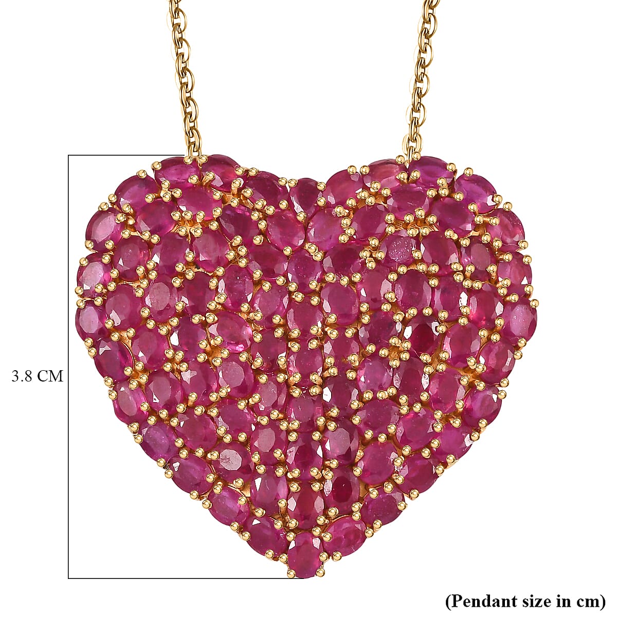 D'Joy African Ruby Heart Pendant with Chain (Size 20) in 18K Vermeil Yellow Gold Plated Sterling Silver 22.62 Ct, Silver Wt. 11.01 Gms.