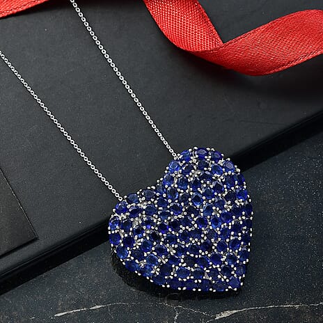D'Joy Masoala Sapphire Heart Pendant with Chain (Size 20) in Rhodium Overlay Sterling Silver 23.17 Ct, Silver Wt. 10.79 Gms.