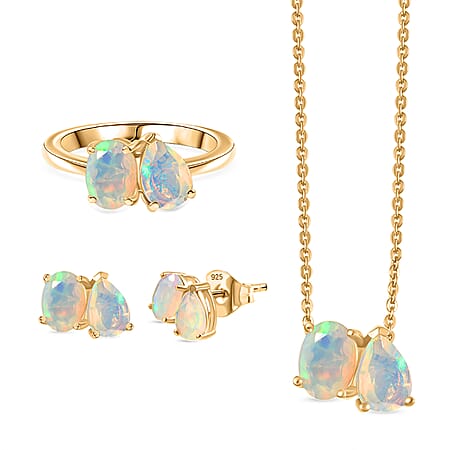 3 Piece Set - D'Joy TOI ET MOI Ethiopian Opal Earring, Ring and Pendant with Chain in 18K Vermeil Yellow Gold Plated Sterling Silver