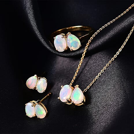 3 Piece Set - D'Joy Ethiopian Opal Earring, Ring & Pendant with Chain (Size 20) in 18K Vermeil Yellow Gold Plated Sterling Silver 2.93 Ct.