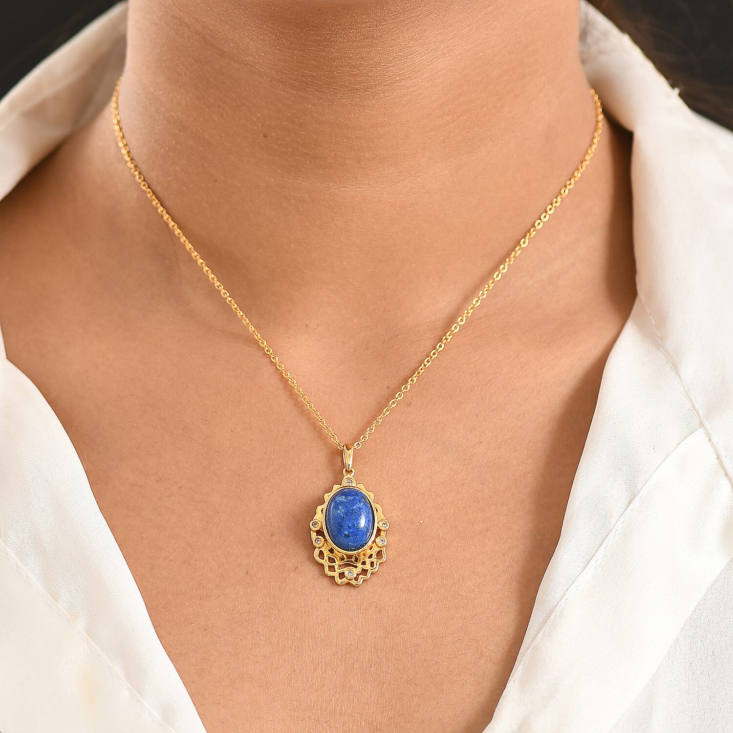 Lapis Lagoon & White Zircon Pendant with Chain (Size - 20) in Yellow Gold Tone 7.12 Ct.