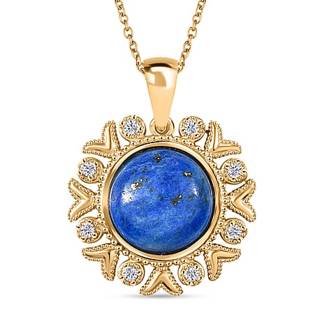EverTrue Lapis Lagoon & White Zircon Pendant with Chain (Size - 20) in Yellow Gold Tone 15.24 Ct.