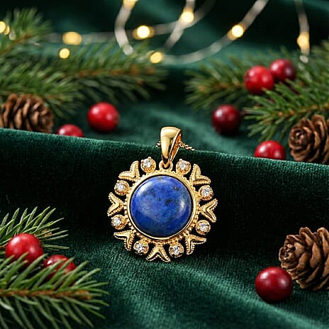 Lapis Lagoon & White Zircon Pendant with Chain (Size - 20) in Yellow Gold Tone 15.24 Ct.