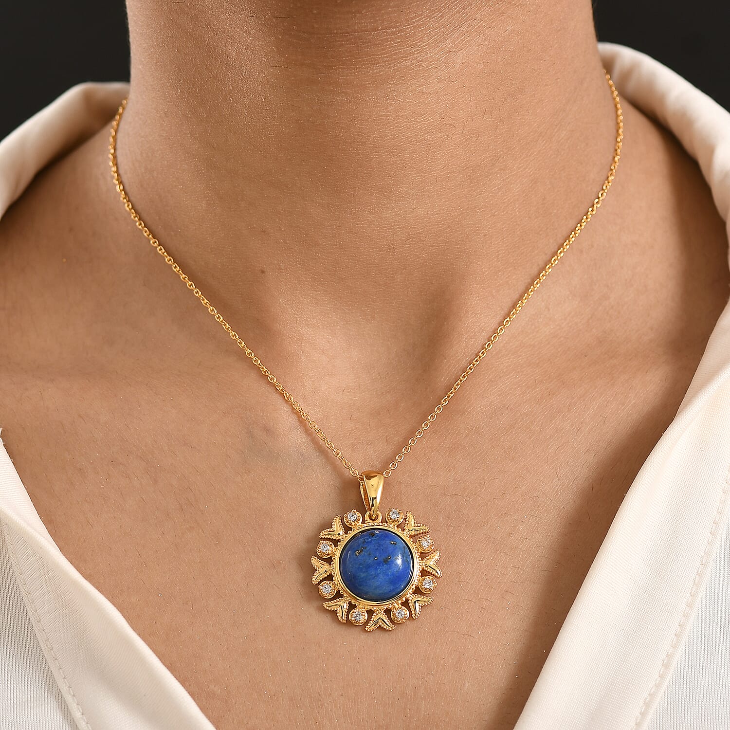 EverTrue Lapis Lagoon & White Zircon Pendant with Chain (Size - 20) in Yellow Gold Tone 15.24 Ct.