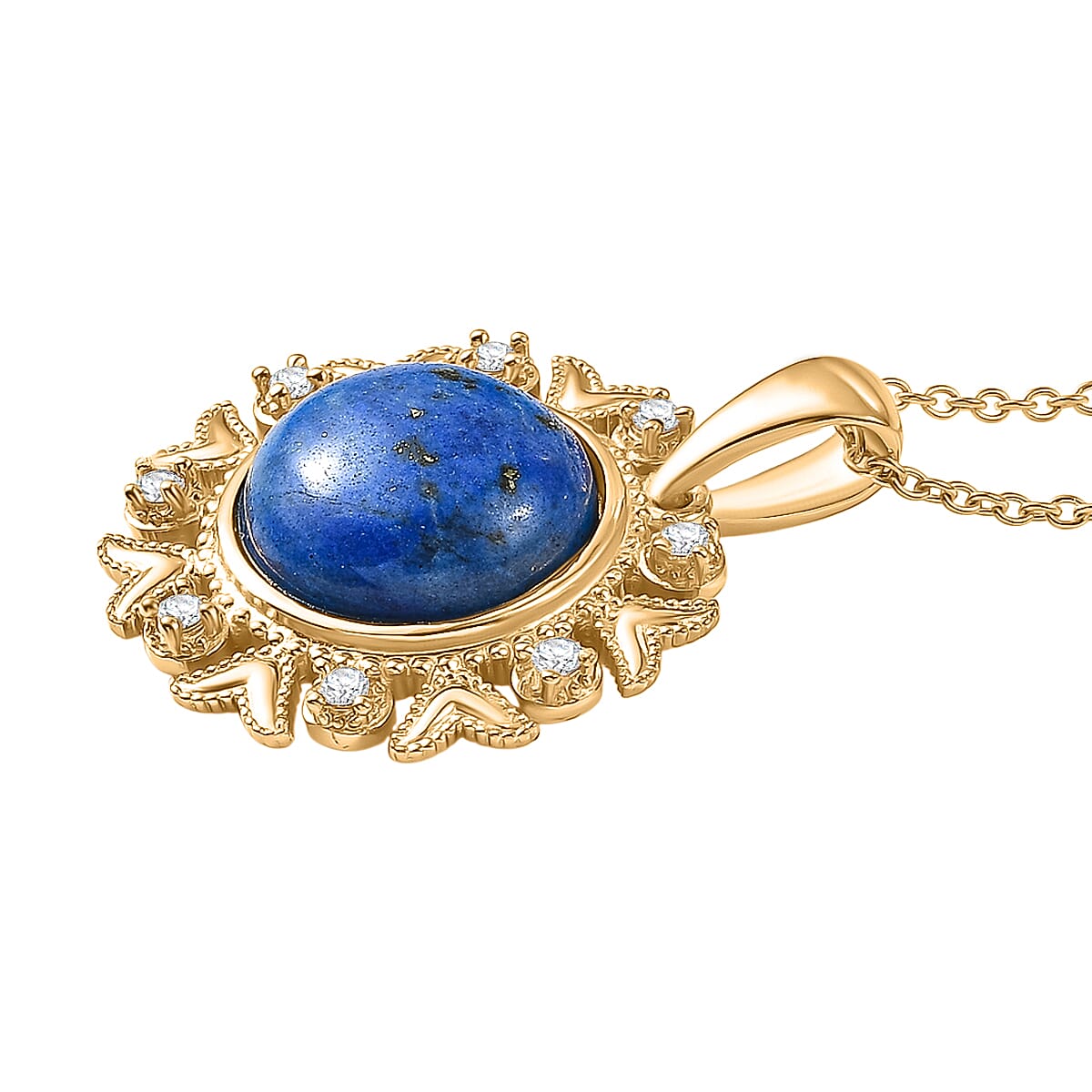 EverTrue Lapis Lagoon & White Zircon Pendant with Chain (Size - 20) in Yellow Gold Tone 15.24 Ct.